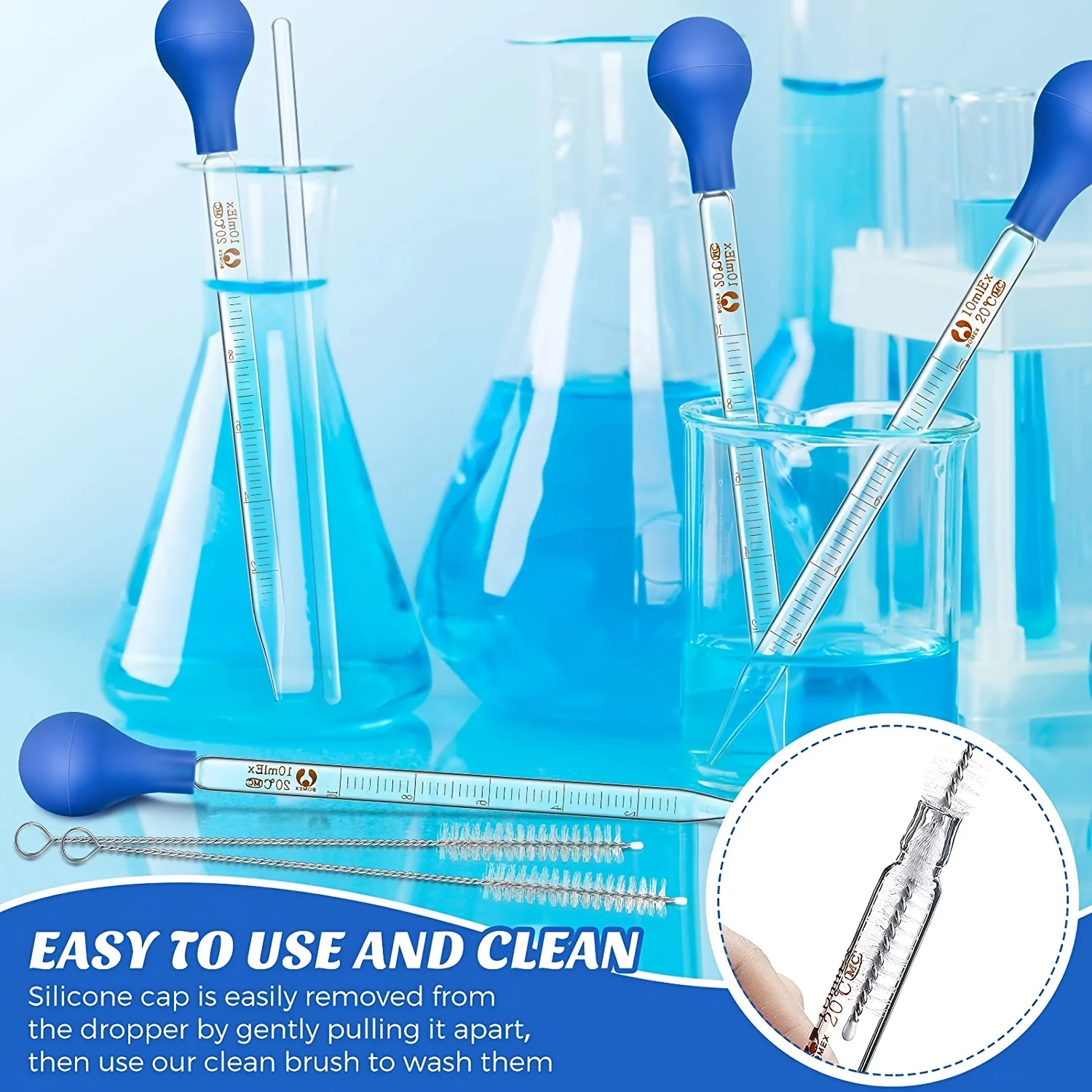 Pipetta da laboratorio per burette graduata in vetro con tappo in gomma grande Asta di agitazione in vetro da 10 ml per il trasferimento Li