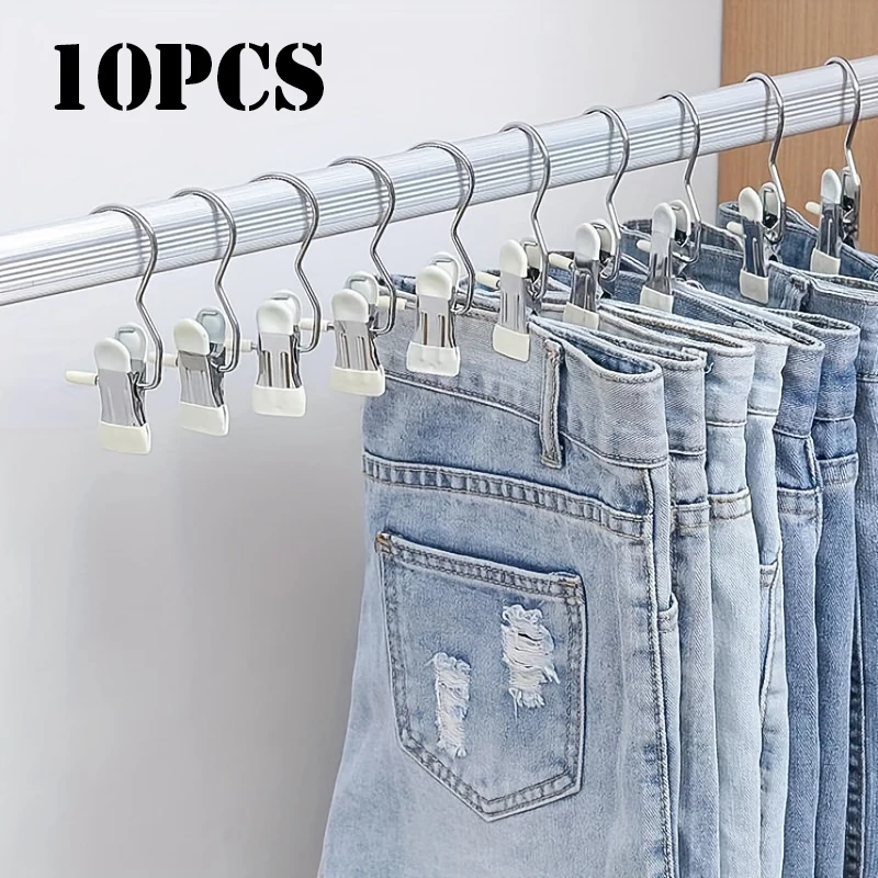 Pinzas para ropa de acero inoxidable con gancho, organizador de lavandería, Clip colgante portátil, colgador de armario, gestión eficiente de ropa, 10 Uds.