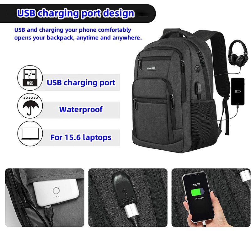 Nueva mochila impermeable y transpirable de gran capacidad, bolsa para ordenador de 15,6 pulgadas, USB, puerto reservado para Cable de auriculares DOXUNGOO