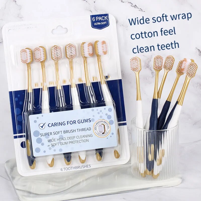 Cepillo de dientes de 6 piezas para adultos, Cabeza ancha, grueso, seda suave, pelo fino y suave, para el hogar