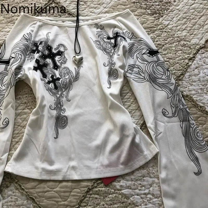 フレアスリーブプリント女性 Tシャツスラッシュネック白 Tシャツ気質 Camisetas 2024 Ropa Mujer ヴィンテージセクシーな Y2k Tシャツトップス