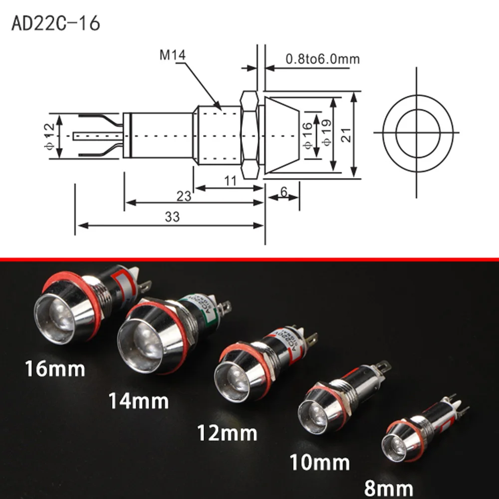 Two Color Metal Indicator Light Signal Lamp With Wire LED Waterproof Green Red 3V 6V 12V 24V 110V 220V 8MM 10MM 12MM 14MM 16MM