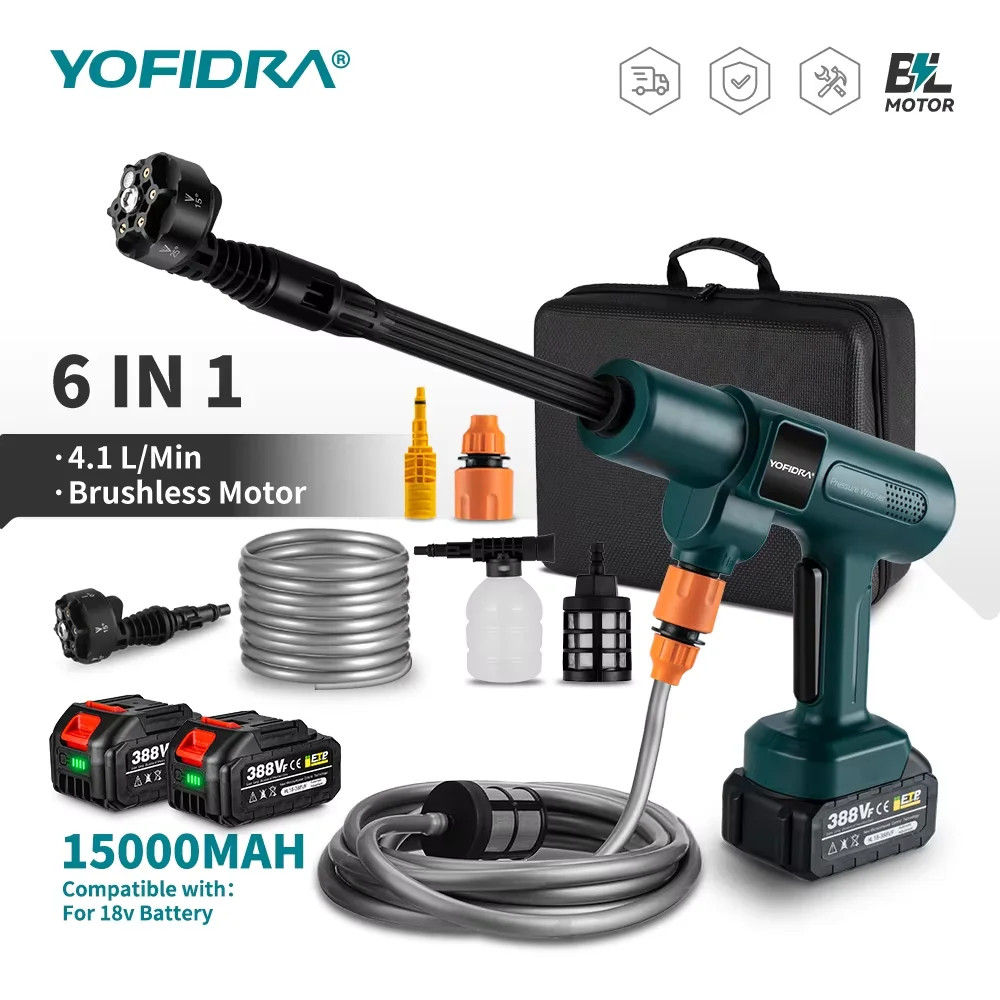 YOFIDRA-pistola rociadora de agua eléctrica de alta presión, sin escobillas, 200bar, 3500W, 6 en 1, lavadora limpia de coche, herramienta de jardín para Pin de batería Makita