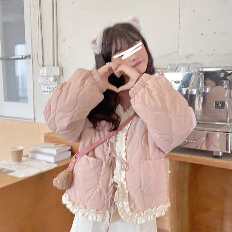 Casaco rosa plissado com borda em v para meninas, casaco acolchoado de algodão acolchoado, kawaii parkas japonês, harajuku para estudantes, inverno