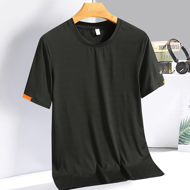 メンズ夏のアイスシルク Tシャツトレーナーラウンドネックシンプルなランニングフィットネススーツ薄型通気性速乾性 T