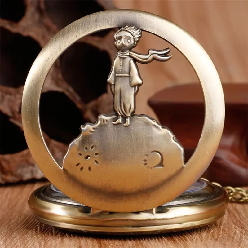 Relógio de bolso com pingente de colar do pequeno príncipe com design oco de bronze vintage