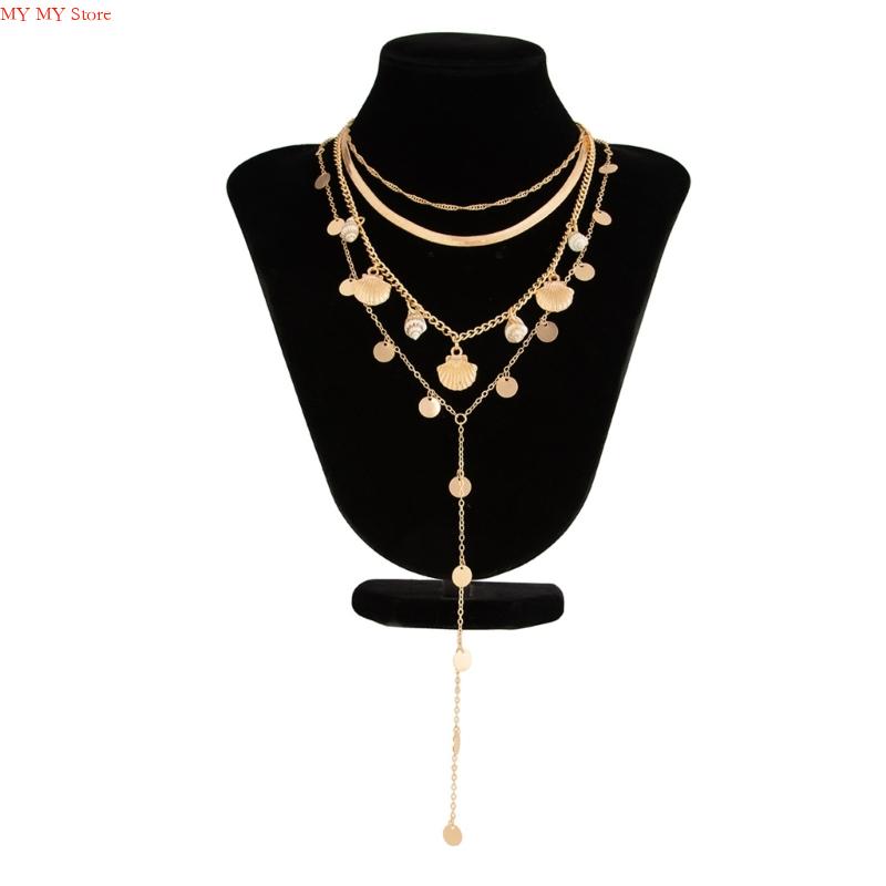 N1he Beach Kalung Set Gold Stackable Stackish Seashells Pearls Clavicle Chain Jewelry untuk acara dan acara musim panas