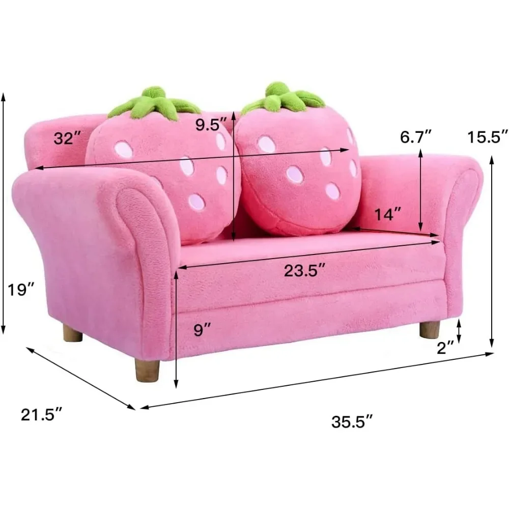% um sofá infantil, cadeira estofada para crianças com encosto ergonômico e 2 travesseiros de morango, poltrona de assento duplo para crianças