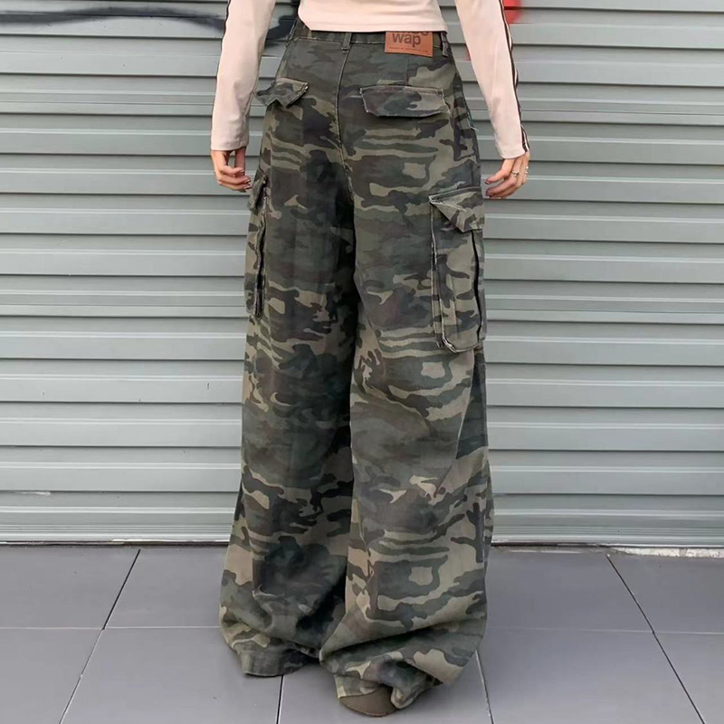 女性 Y2K 迷彩カーゴジーンズヴィンテージハイウエストヒップホップワイドレッグパンツ女性ストリートウェアだぶだぶストレートデニムズボン