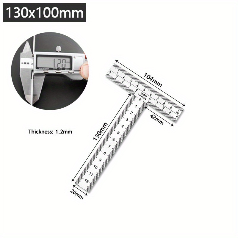 1Pc Integrated Stainless Steel T-shaped Ruler with 90 Degree Right Angle and Thickened Scale T-shaped Engineering Ruler