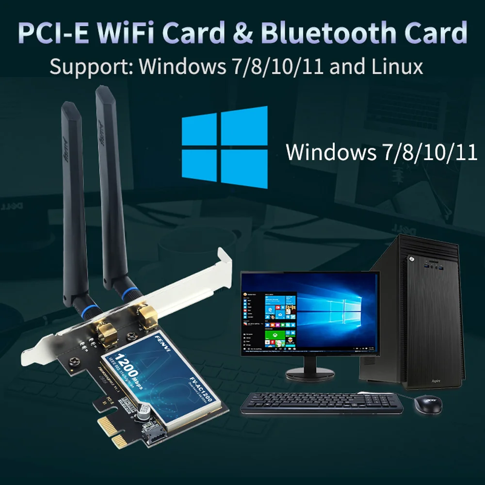 Fenvi WiFi5 AC1200 PCIE WiFi Adapter BT4.0 1200Mbps WiFi Card Dual Band 802.11ac Networking Upgrade for Win 7/10/11 Desktop PC