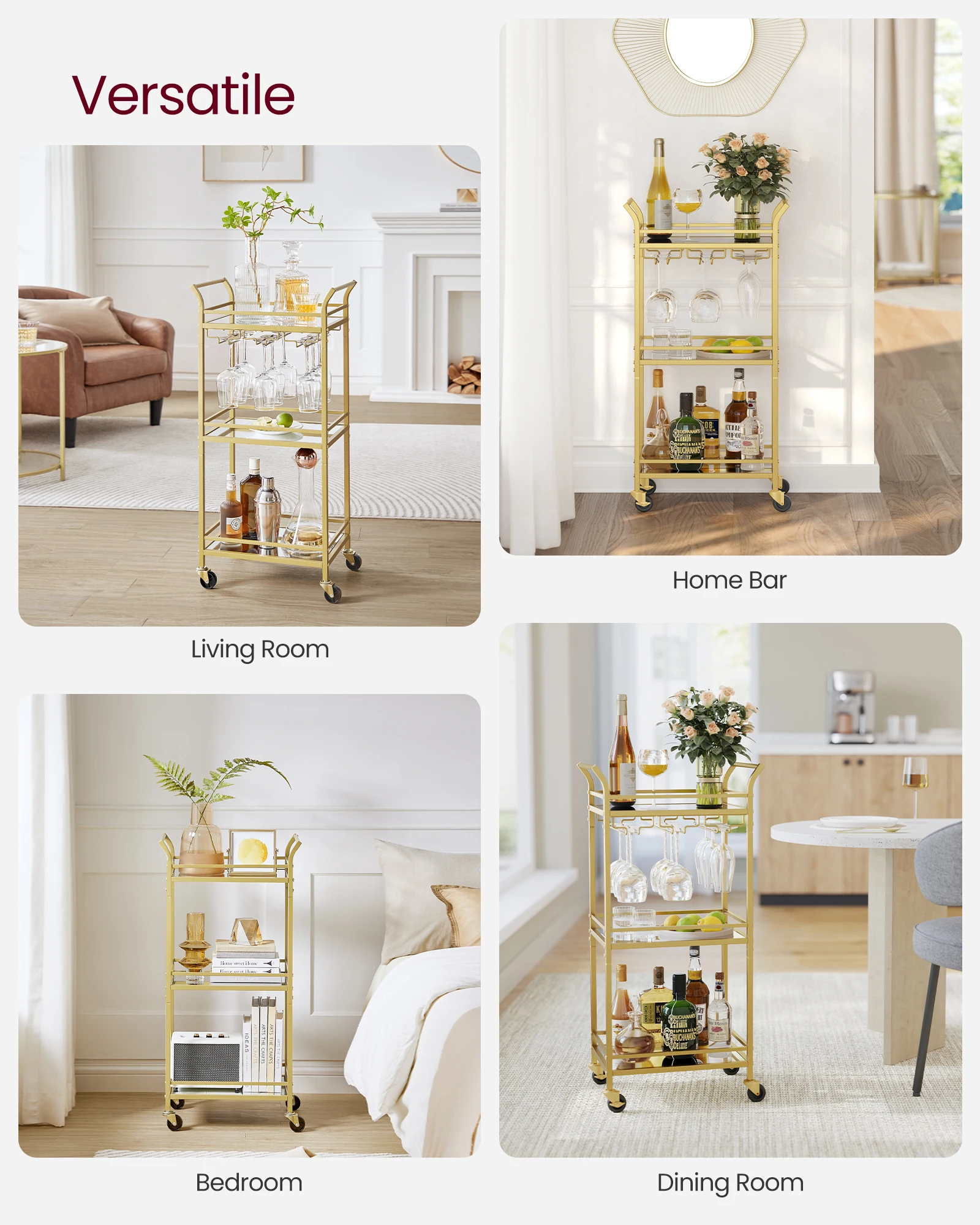 VASAGLE Bar Cart, Home Bar Serving Cart, Small Bar Cart with 3-Tier Shelf, Wine Holders, Glass Holders, Mini Bar Cart