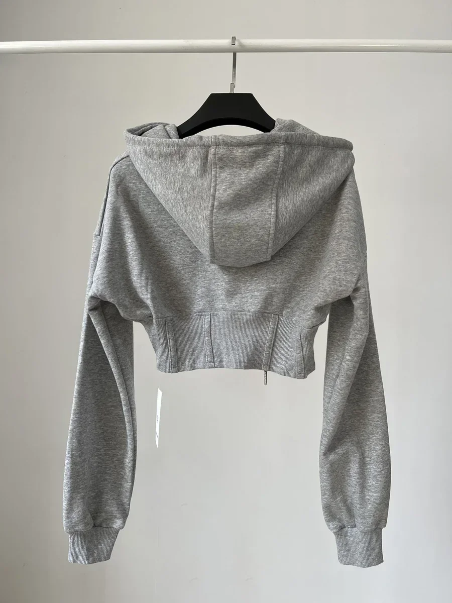 Sudadera corta con capucha para Mujer, abrigo informal con pliegues de cintura delgada y cremallera, Estilo Vintage coreano, Y2k, 2023