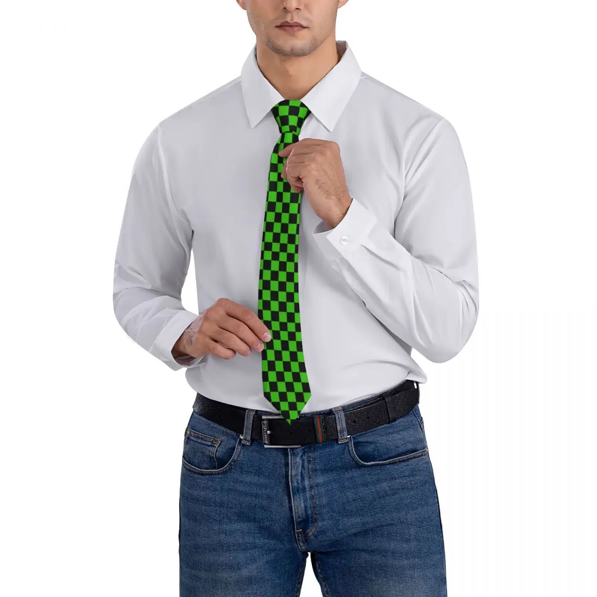 Custom Checkered Pattern เนคไทผู้ชาย Mens Suit Tie สีเขียวสีดํา Checkerboard สําหรับวันขอบคุณพระเจ้า