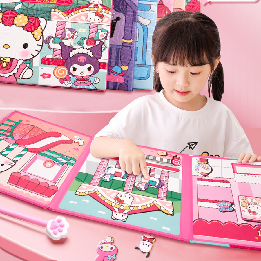 Sanrio Kuromi Cinnamoroll libro magnético silencioso My Melody hecho a mano DIY juguete repetible pegatinas magnéticas regalo para niñas juguetes para niños
