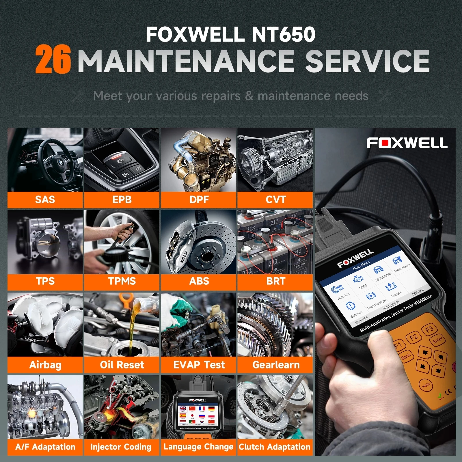 FOXWELL NT650 Elite OBD2-Scanner, voll bidirektionales Scan-Tool, Automotor, ABS, SRS, Diagnosecodeleser mit 26-Resets-Service