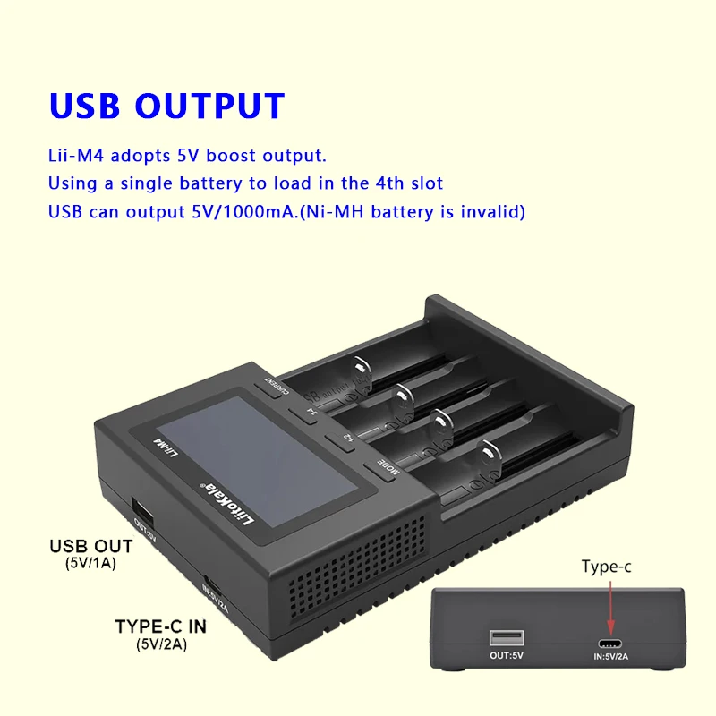 LiitoKala Lii-M4 18650 caricabatterie Display LCD caricabatterie intelligente universale capacità di prova 26650 18650 21700 batteria AA AAA 4slot 5V 2A