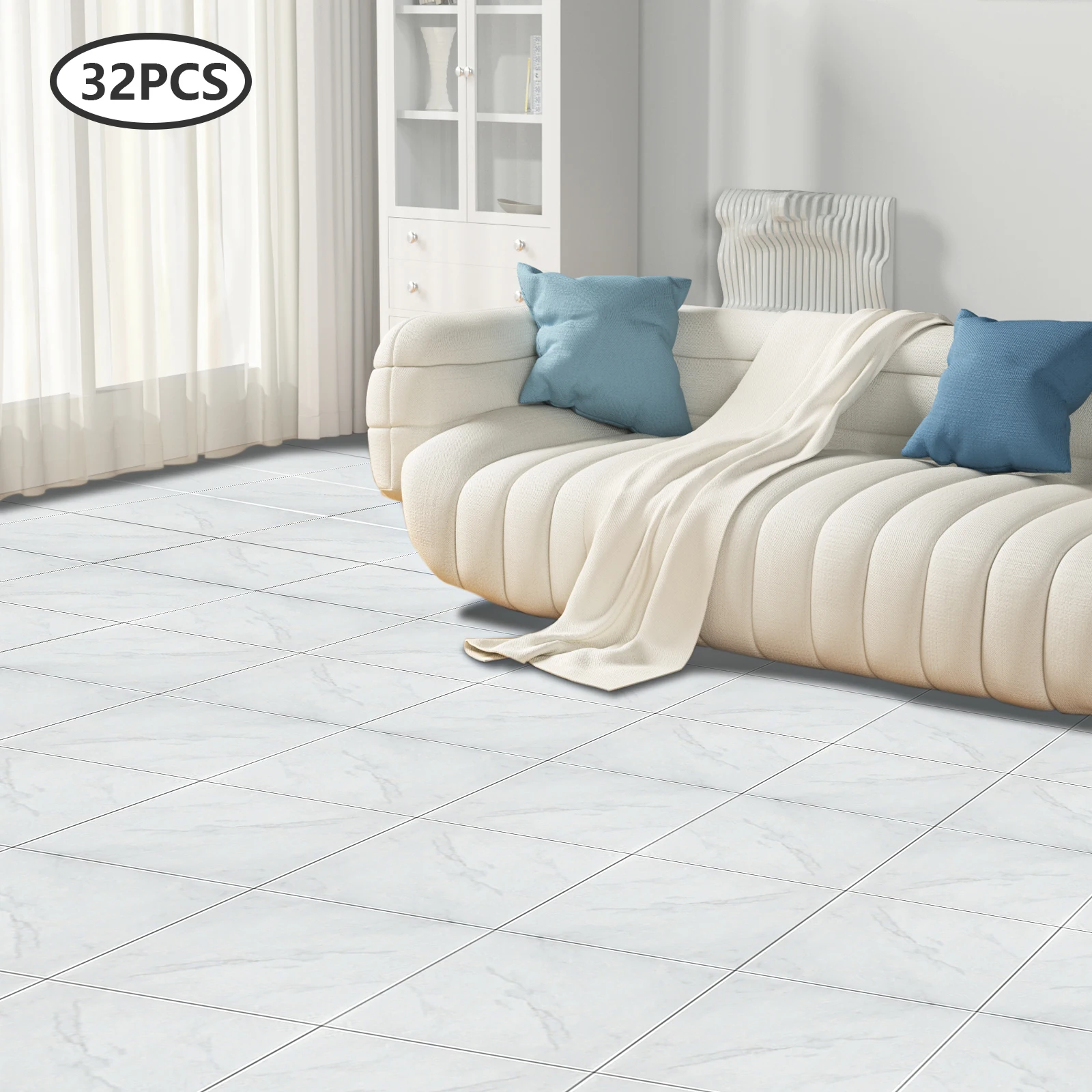 Paquete de 32 baldosas autoadhesivas de PVC, suelos de vinilo impermeables, mármol blanco, 30 x 30 cm, para baño, cocina, sala de estar y dormitorio