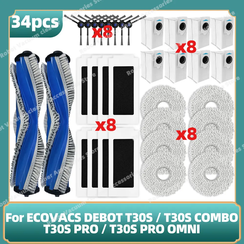 Compatible For ECOVACS DEBOT T30S /  T30S COMBO / T30S PRO / T30S PRO OMNI /  T30S AI Parts Main Side Brush Filter Mop Dust Bag
