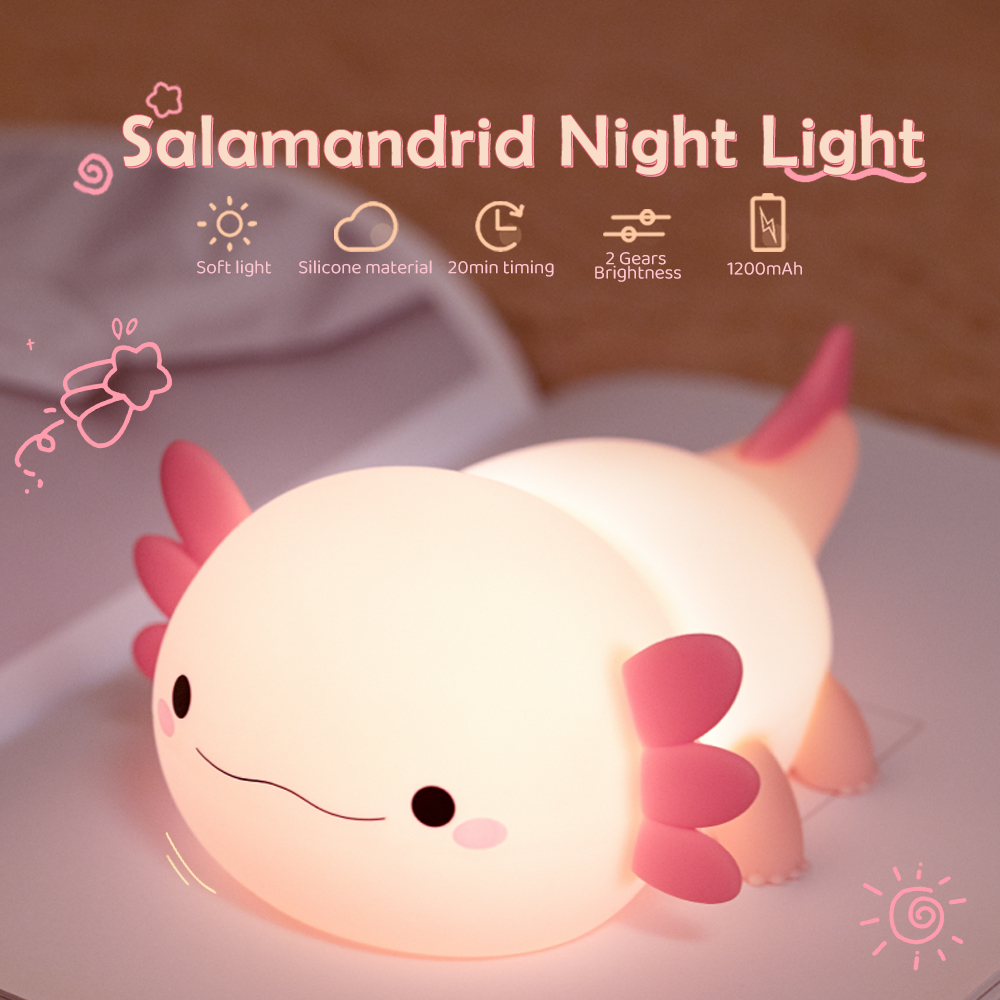 Axolotl Nachtlicht für Kinder, 2, Helligkeit, Silikon, Kinderzimmer, Schlaflicht, tragbar, wiederaufladbar über USB, Nachttischlampe für Babyzimmer