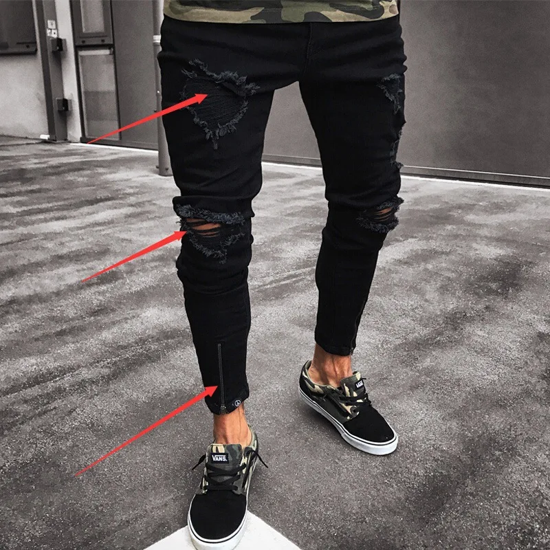 Herrenjeans Neue schwarze zerrissene Stretch-Reißverschluss-Trendhose für Männer