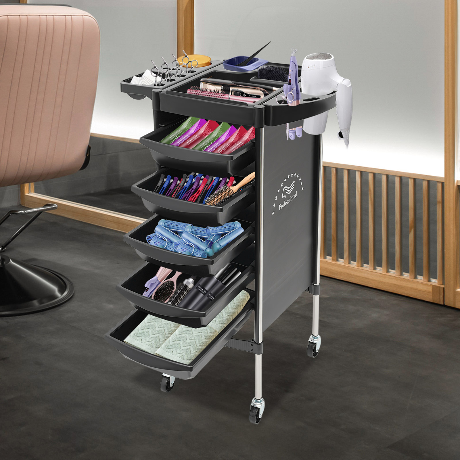 6-stufiger Salonwagen mit 5 Schubladen, multifunktionale Platte, 4 Rollen, Edelstahlkonstruktion für Friseurwerkzeuge