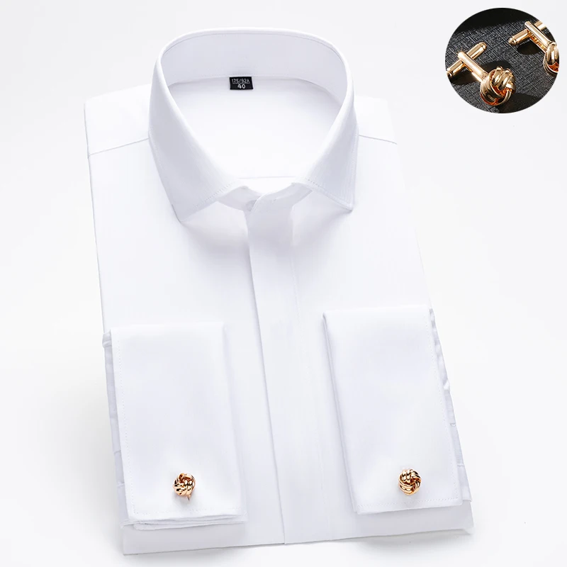 Camicia da uomo francese con gemelli e maniche lunghe, vestibilità slim, bottoni nascosti, tinta unita, abito da sposa di fascia alta, formale da uomo