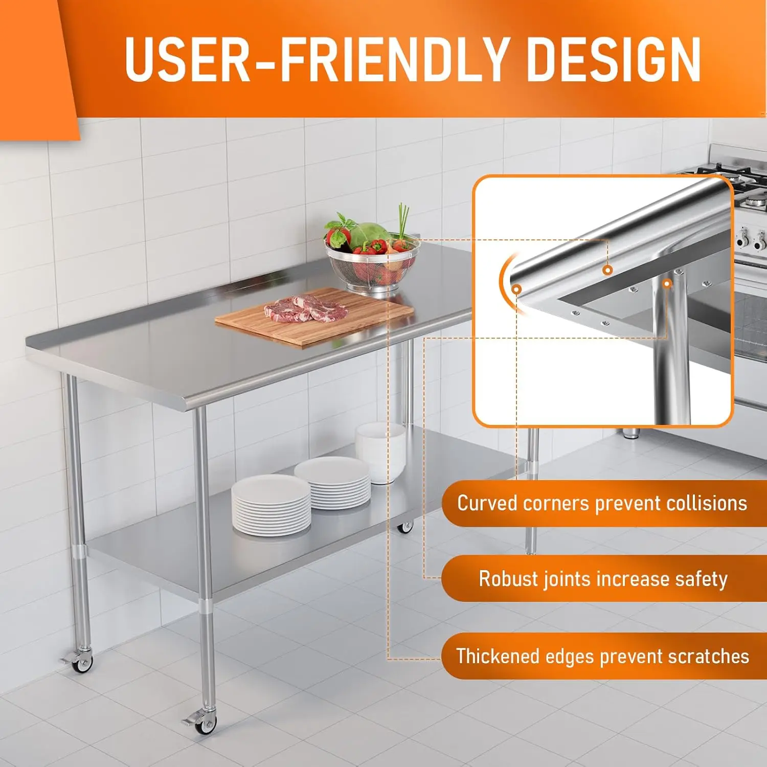 Prep & Work Table with Adjustable Shelf, with Backsplash and Wheels, Kitchen Island, Commercial Workstations, Ut