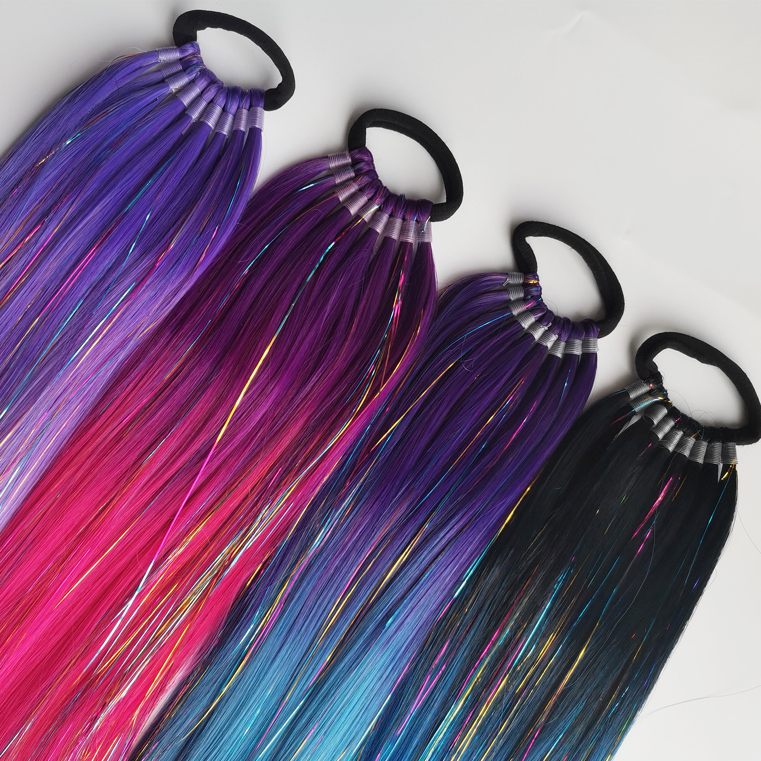 Extensión de cola de caballo de oropel púrpura, rojo y rosa con lazo elástico para el cabello, pelo trenzado sintético para niñas, pelo loco, pelo valiente para el día