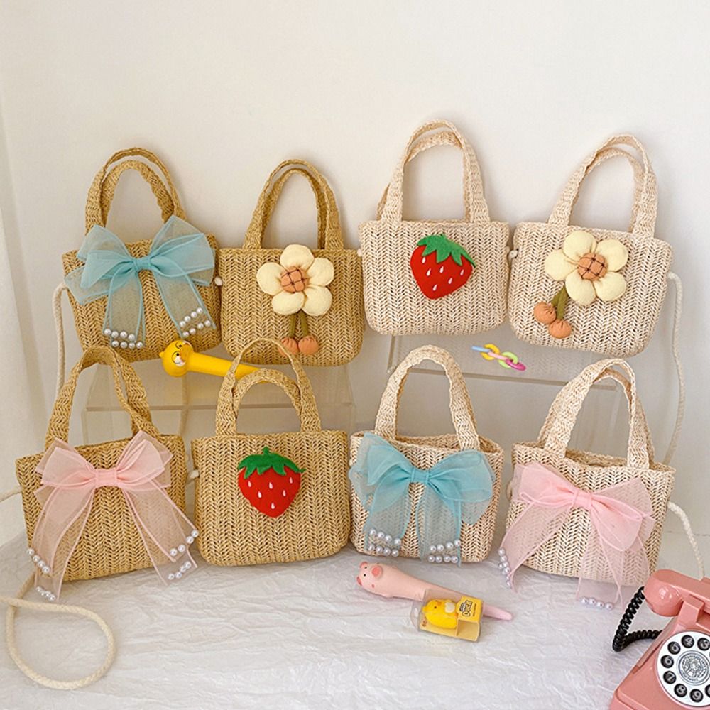 Handgemachte gewebte Mädchen Strohs ack Sommer Reiß verschluss Mesh Bogen Cross body Handtasche Münz geldbörse Foto Requisiten Kind Strand taschen