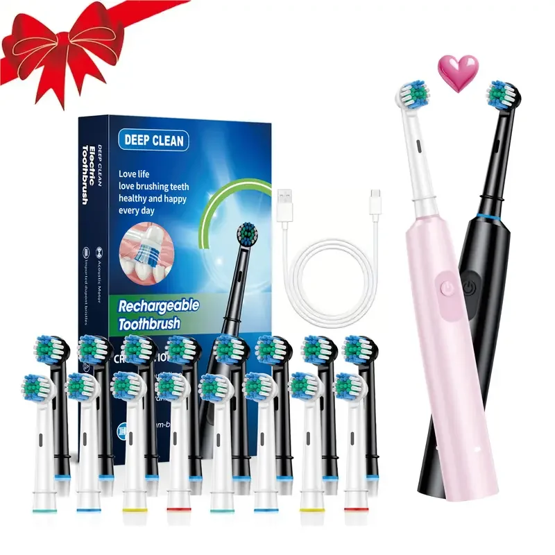 성인용 회전식 전동 칫솔, 부드러운 강모, 5가지 청소 모드, USB 충전식, 4/8 교체 헤드 포함
