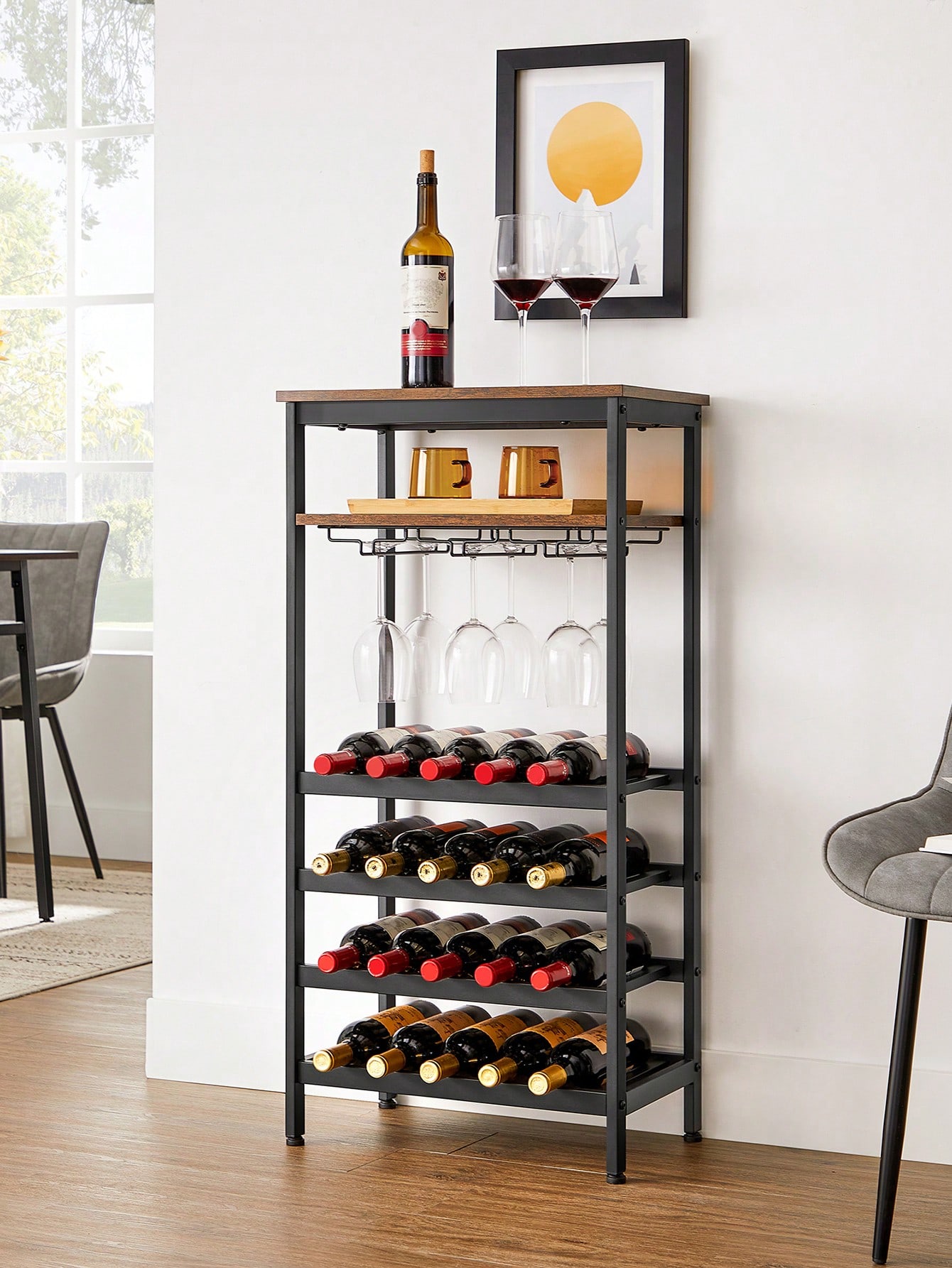 VASAGLE Wine Rack: 20-Bottle with Glass Holder, Cellar, Kitchen, Dining Room, Industrial Style, 50 x 32 x 100 cm