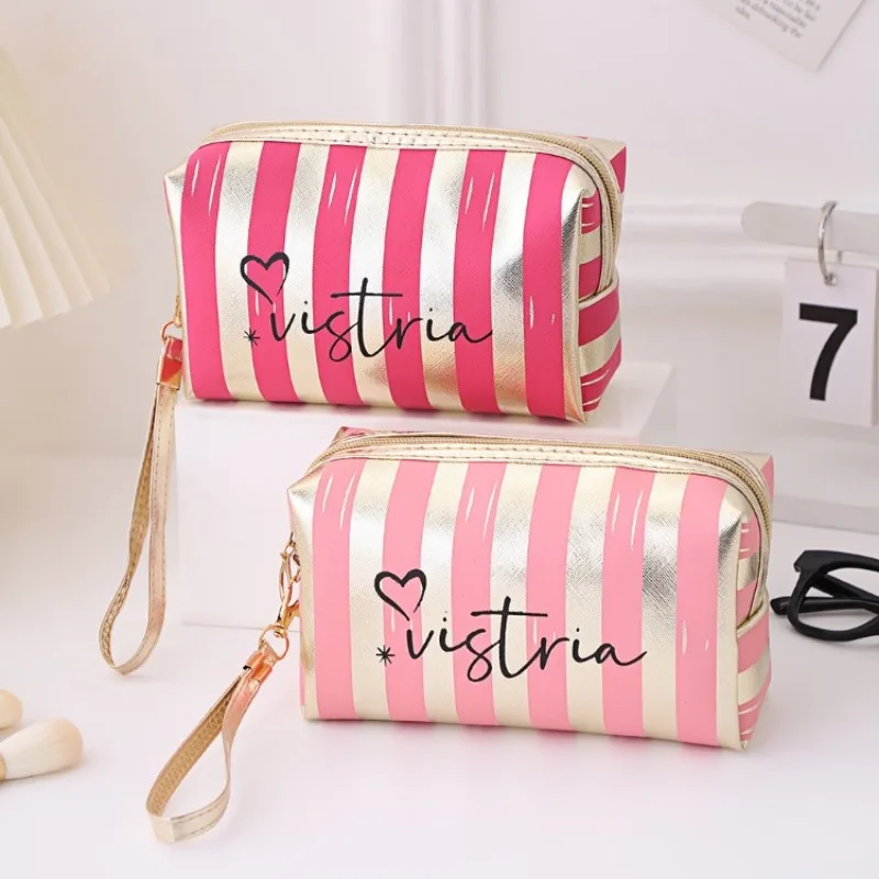 Bolsa de maquillaje portátil a rayas, tamaño pequeño, bolso de alto valor, mini bolsa de almacenamiento de maquillaje portátil, bolsa impermeable para mujer cs014