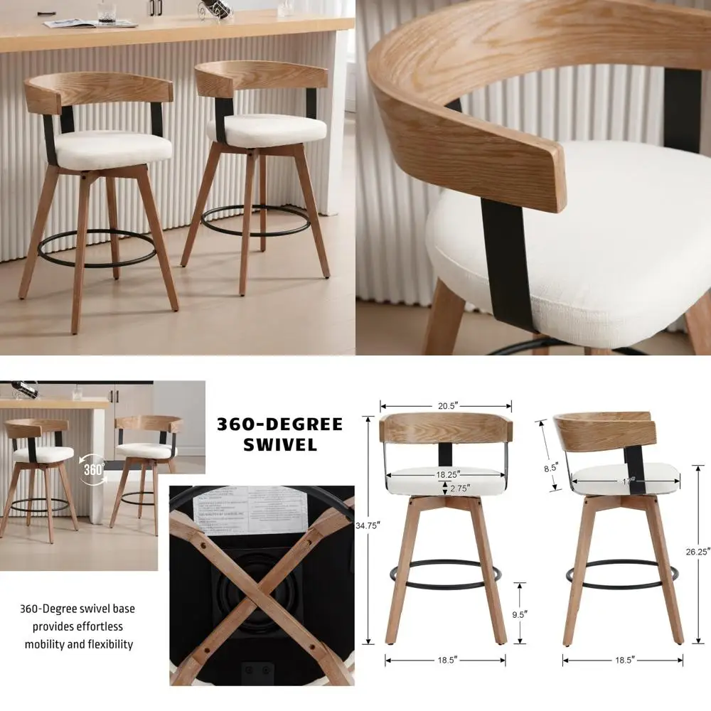 pair of 26" modern counter height swivel bar stools with upholstered linen seats and footrests