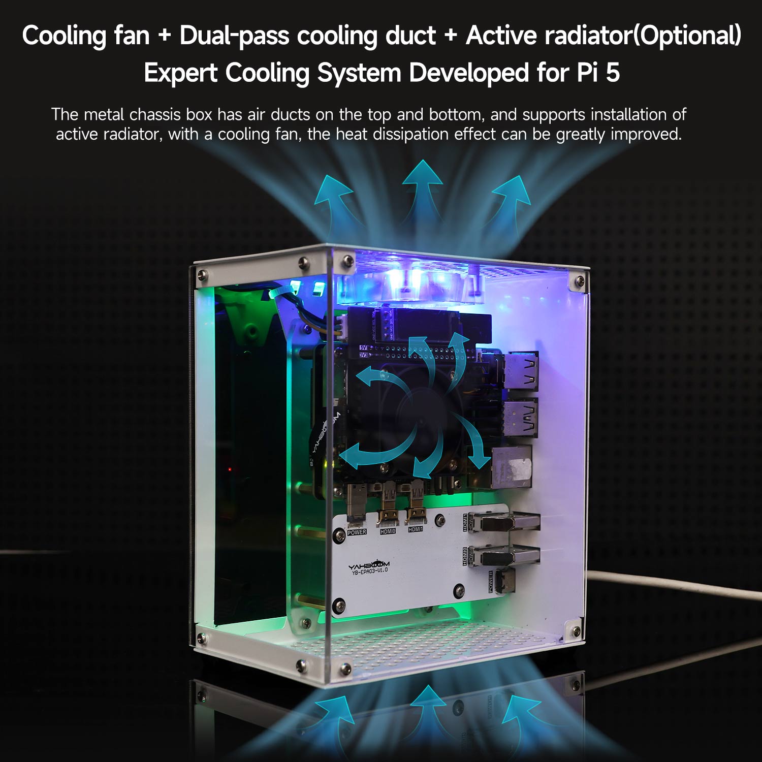 Yahboom Raspberry Pi 5 Mini kit de capa protetora com ventilador de resfriamento e instalação de suporte de luz ambiente que muda de cor SSD M.2