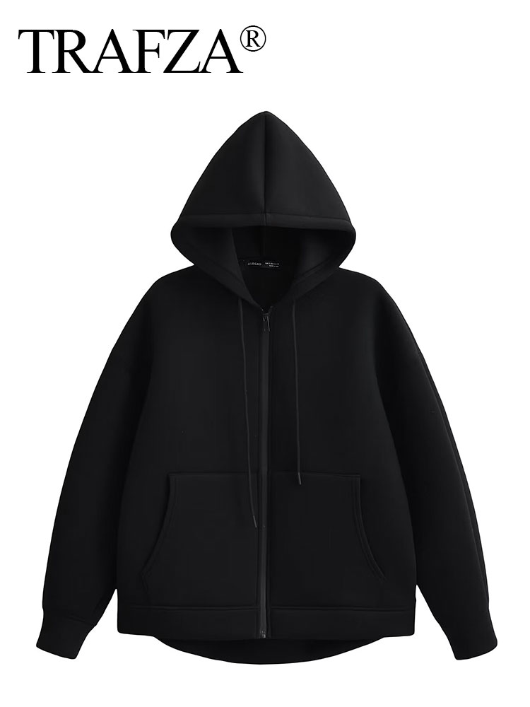 TRAFZA Winter Nieuwe vrouwen Rits Hoodie Jas High Street Dubbele Zakken Jakcet Oversize Losse Sweatshirts Bovenkleding Top