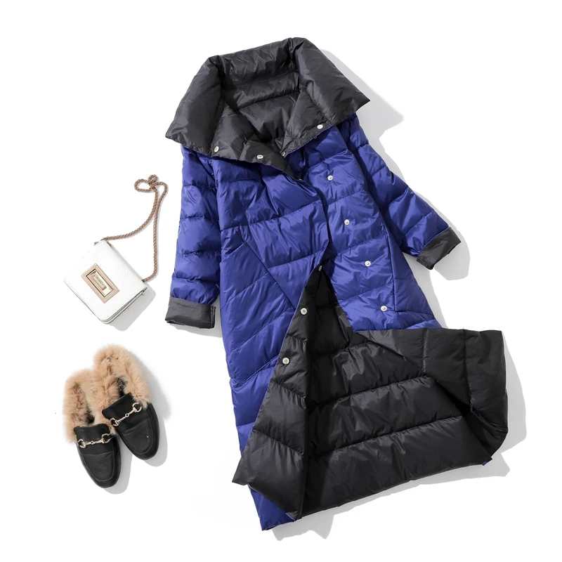 Winter New Women Stand Collar White Duck Down Long Jacket Double Breasted Warm Snow Parkas Double Sided Down Coatovet Coats