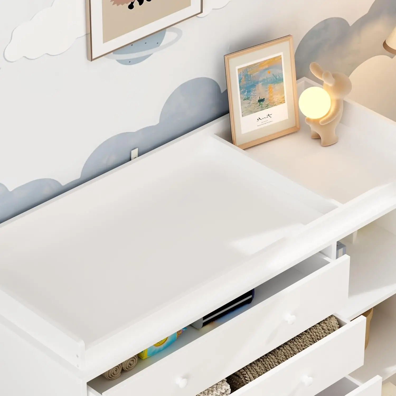 Dresser with Baby Changing Table, Diaper Changing Tables for Nursery with 5 Drawers & Shelves, Changing Station Nursery Organize