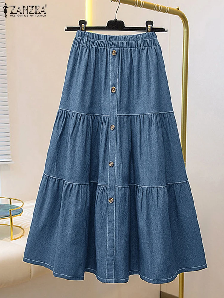 Otoño cintura elástica faldas sólidas ZANZEA moda mujer Denim falda azul elegante A-line trabajo sobrefaldas Casual suelta vacaciones Jupe