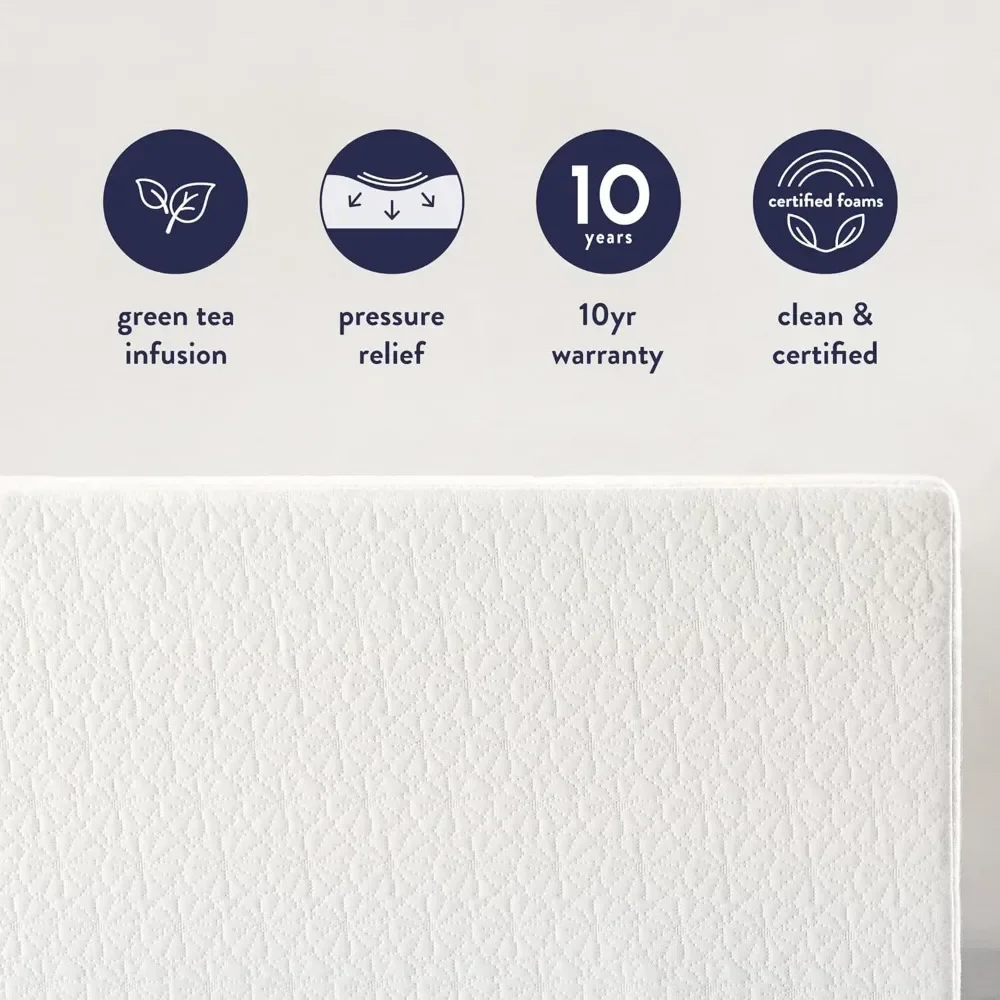 10 inch Twin Mattress XL Long, Bed-In-A-Box, Green Tea Memory Foam,White