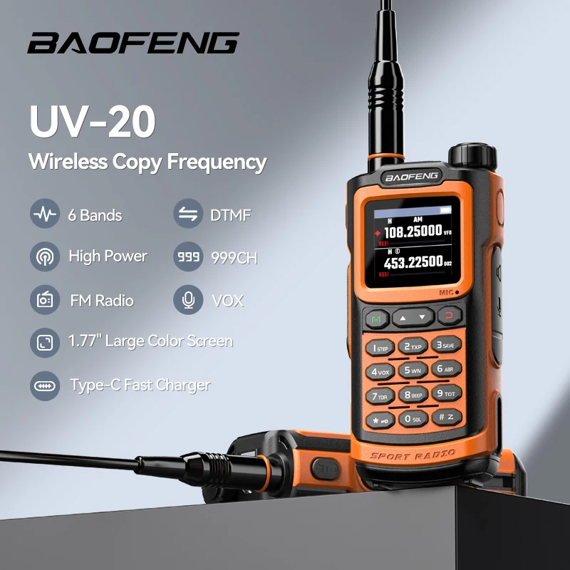 Baofeng UV-20 Walkie Talkie banda completa AM FM copia inalámbrica frecuencia tipo C 999CH VHF UHF Ham de largo alcance Radio de 2 vías UV-G30 Pro V1