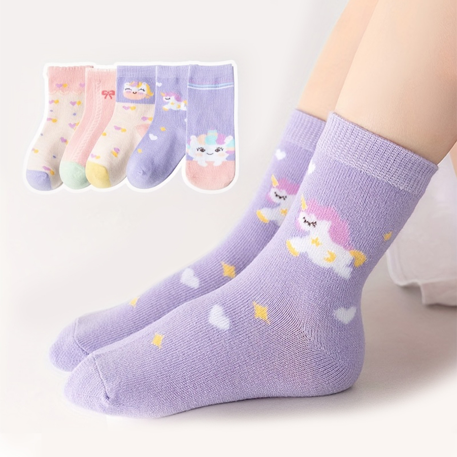 5 pares de calcetines para niños con lindos patrones de unicornio de dibujos animados para niñas y bebés, calcetines versátiles a media pantorrilla con lazo Trendyy, adecuados para la vida informal diaria