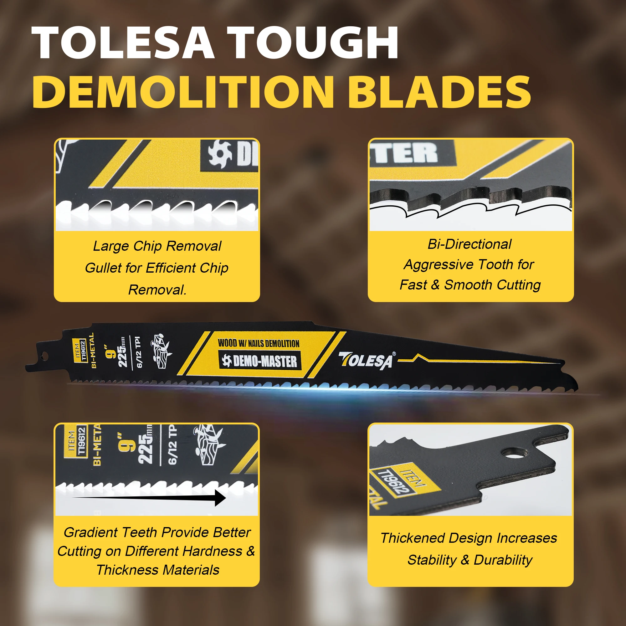 TOLESA 9 นิ้วใบเลื่อยลูกสูบ 6/12 TPI 5PCS สําหรับไม้และเล็บฝังไม้รื้อถอน, fast & Smooth ใบมีดตัด