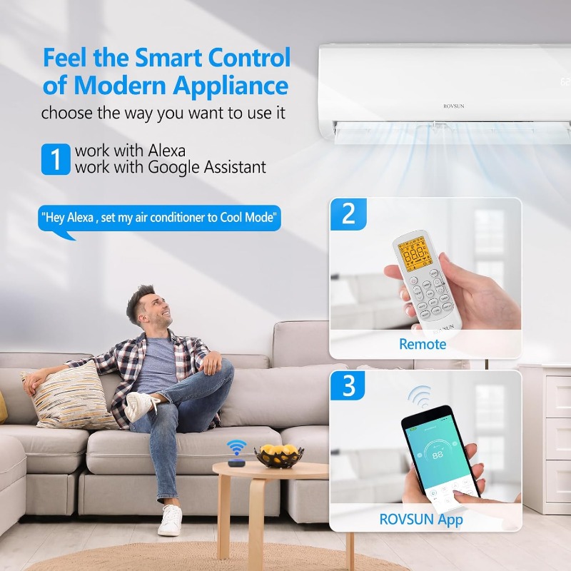 9000BTU Wifi Enabled Mini Split Air Conditioner & Heater, 19 SEER 115V Energy Saving Inverter Ductless Wall AC Unit with Pre