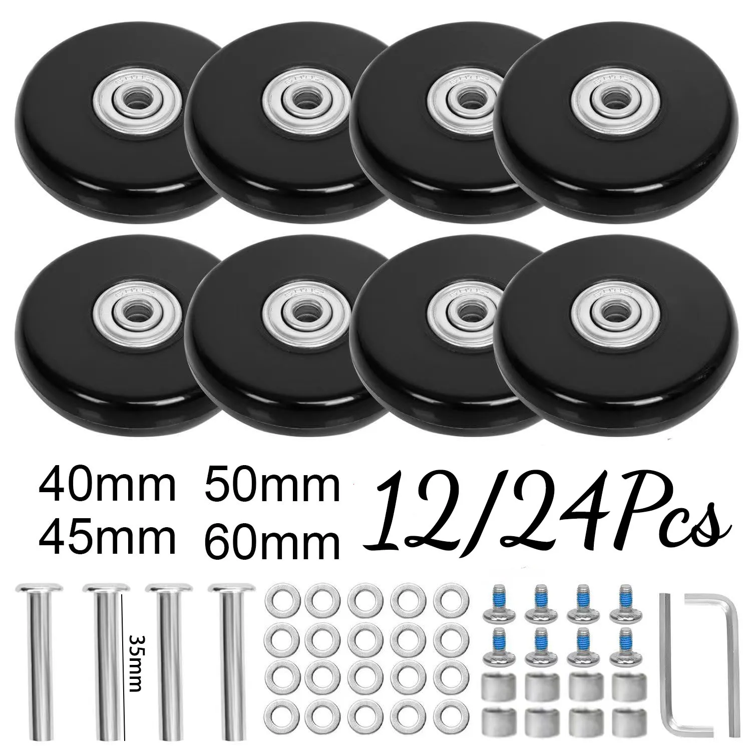 24/12Pcs Suitcase Parts Axles Dia 40mm/45mm/50mm/60mm Silent Travel Luggage Wheels Casters Repair Replacement Axles Repair Kit
