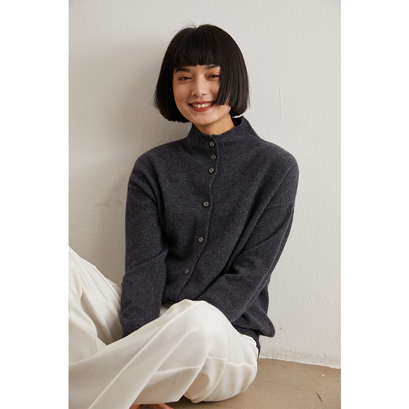 Wool cardigan women's semi-high-necked solid color long-sleeved cashmere coat is slim and versatile knitted sweater.