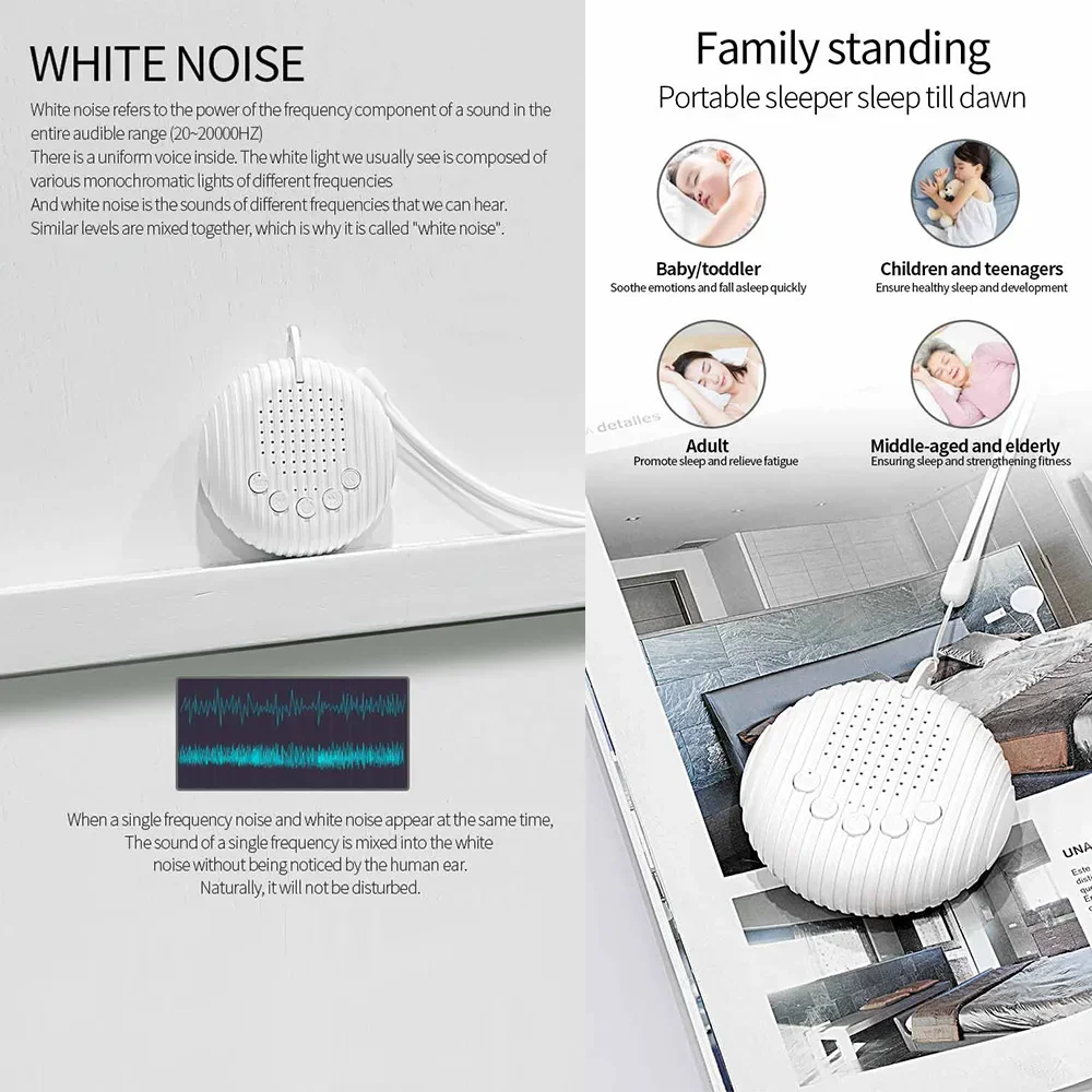 Nouveau haut-parleur à bruit blanc, Machine de sommeil Portable pour bébé, 10 sons apaisants, Volume réglable, batterie Rechargeable intégrée et USB