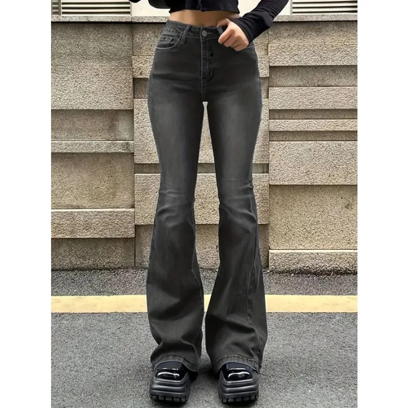 Womens Stretch Jeans Gray Slim Fit Bootcut Flare Trousers Simple Design Versatile Fashion Trendy Jeans Women's Pants