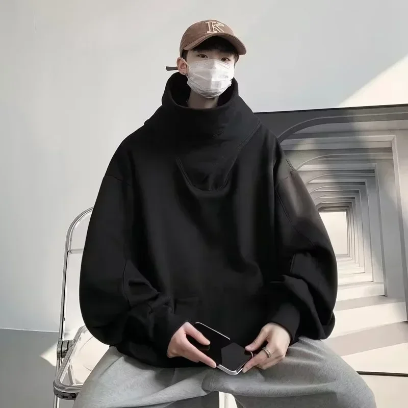 남성용 가을 솔리드 컬러 닌자 터틀넥 후드 Y2K 빈티지 양털 스웨터 힙합 일본 streetwear Oversize Hood
