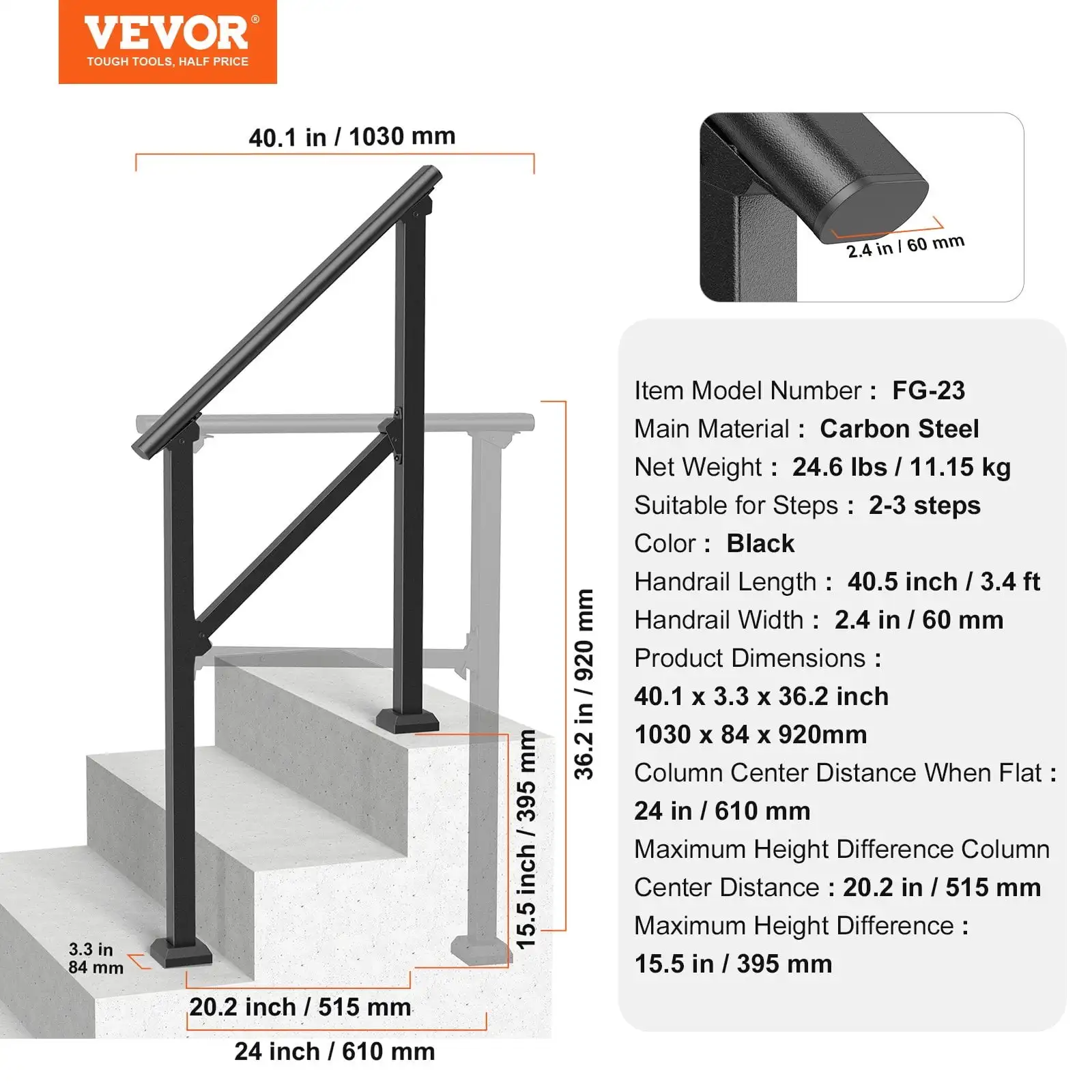 2-3 Handrails for Outdoor for Seniors Porch Deck Black Square Tube Steel
